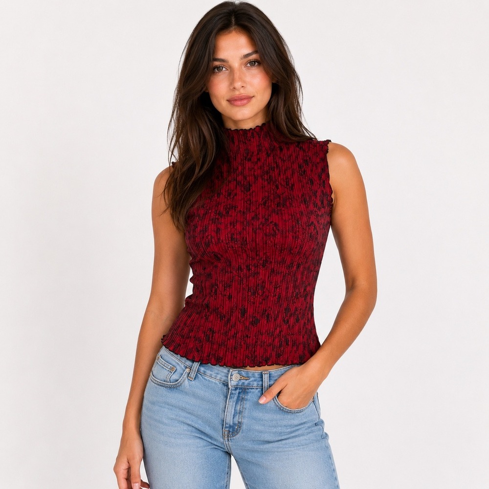 Nicola Sleeveless Top XL Red Black Floral Pleated Mock Neck Lettuce Edge Y2K